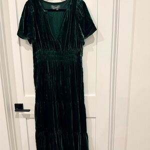 Anthropologie Deep Green Velvet Tiered Maxi Dress